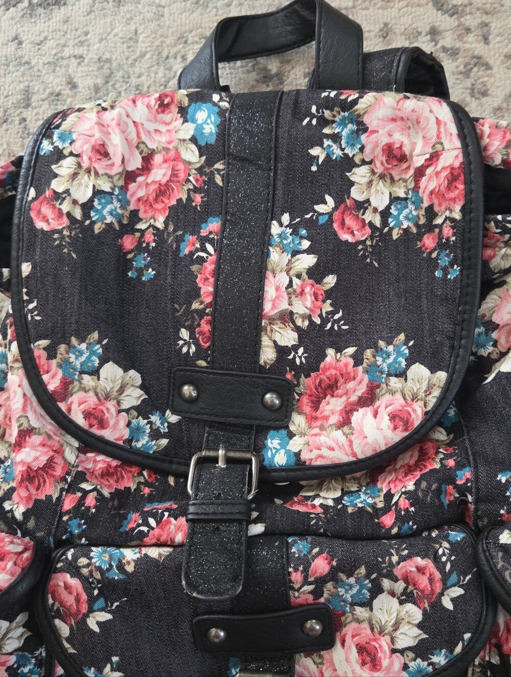 Olsenboye Black Floral Canvas Backpack Black Faux Leather Trim Boho Rucksack - Picture 4 of 11